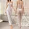 Womens Sheer Mesh Lace Two Piece Pajama Set With Ribbed Strap Top And Pants 0