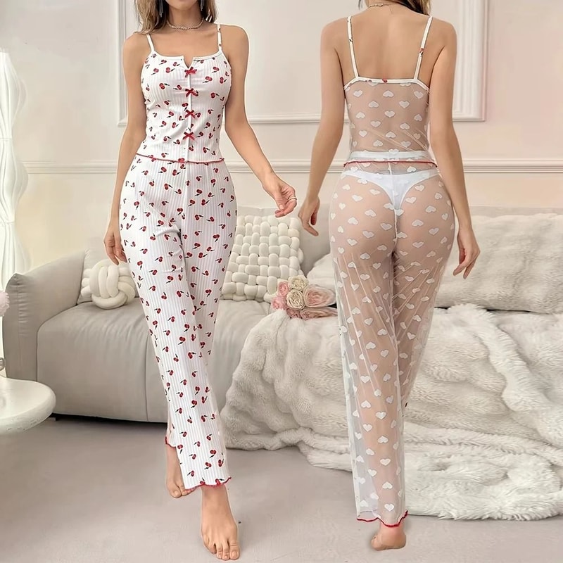 Womens Sheer Mesh Lace Two Piece Pajama Set With Ribbed Strap Top And Pants 0