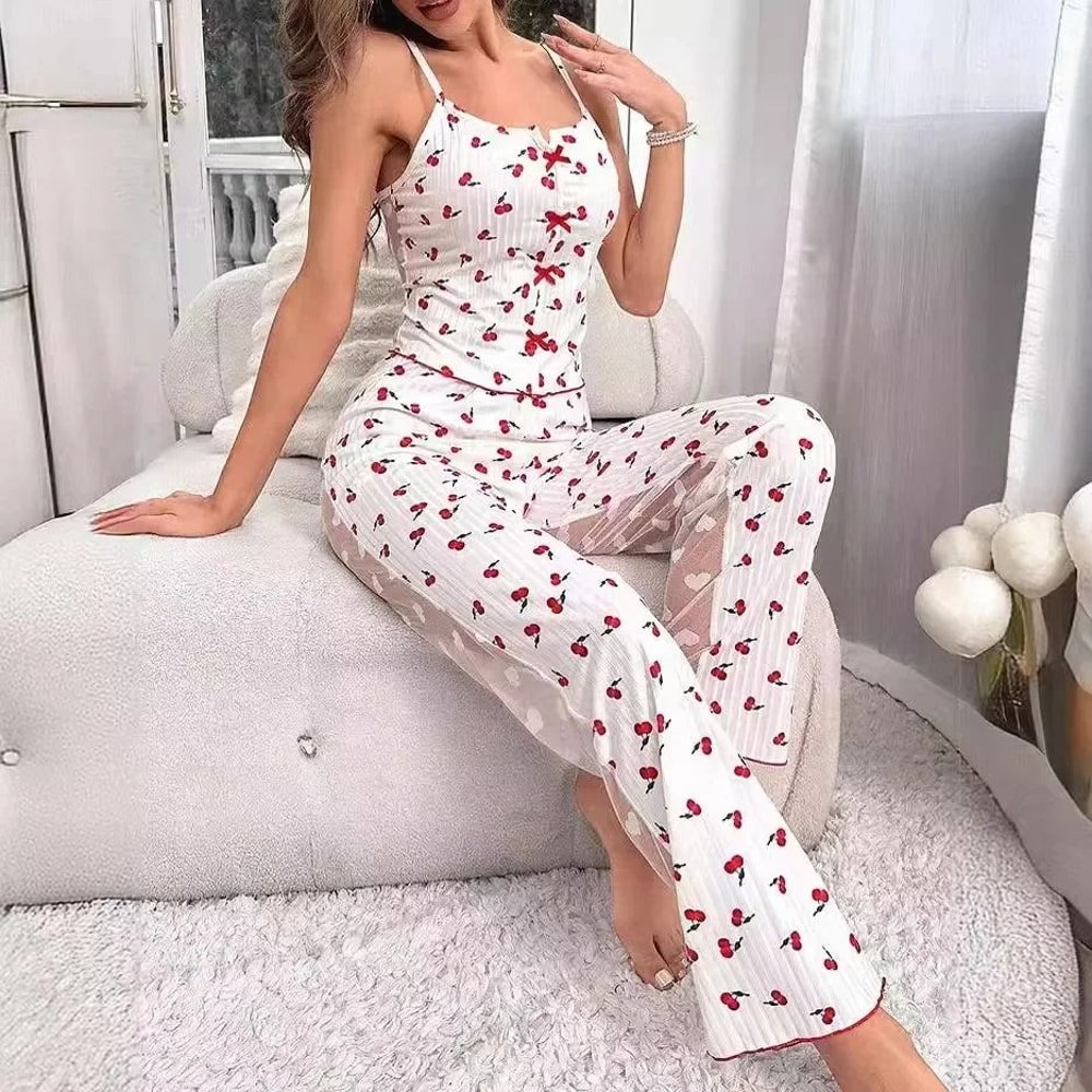 Womens Sheer Mesh Lace Two Piece Pajama Set With Ribbed Strap Top And Pants 10