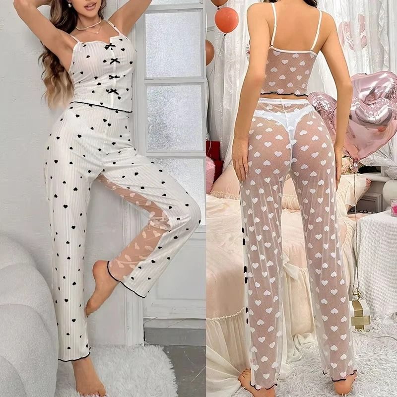 Womens Sheer Mesh Lace Two Piece Pajama Set With Ribbed Strap Top And Pants 1