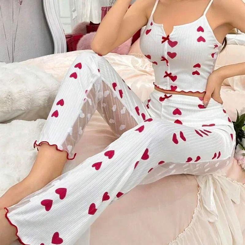 Womens Sheer Mesh Lace Two Piece Pajama Set With Ribbed Strap Top And Pants 7