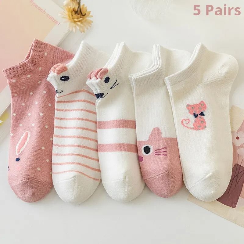 Womens Pink Cat Short Tube Socks Cute Low Cut Boat Socks 5 Pair Set 6