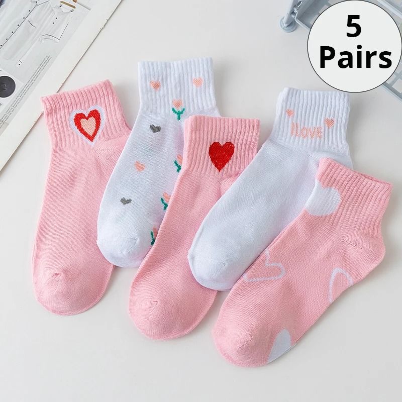 Womens Pink Cat Short Tube Socks Cute Low Cut Boat Socks 5 Pair Set 8