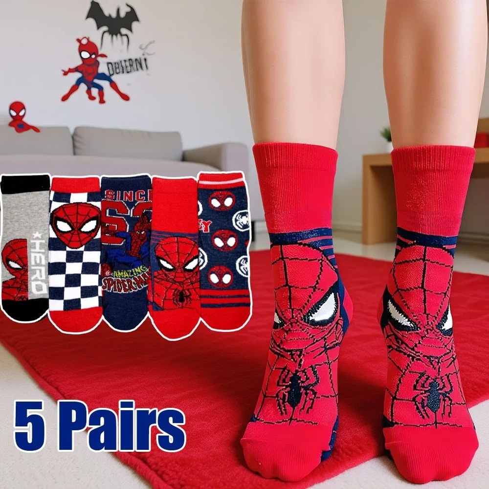 Kids Spiderman Cartoon Socks Soft Breathable Mid Tube Socks 5 Pair Set 0