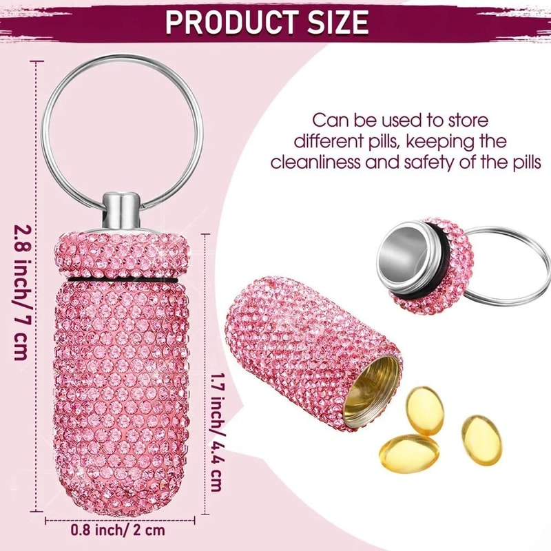 Rhinestone Keychain Pill Container Travel Case 2