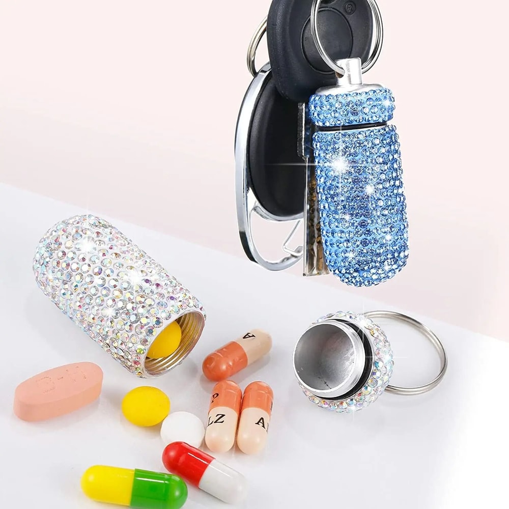 Rhinestone Keychain Pill Container Travel Case 4