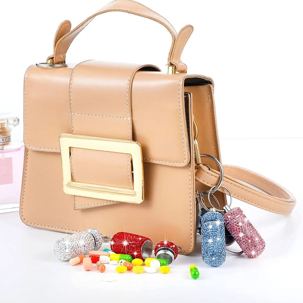 Rhinestone Keychain Pill Container Travel Case 5