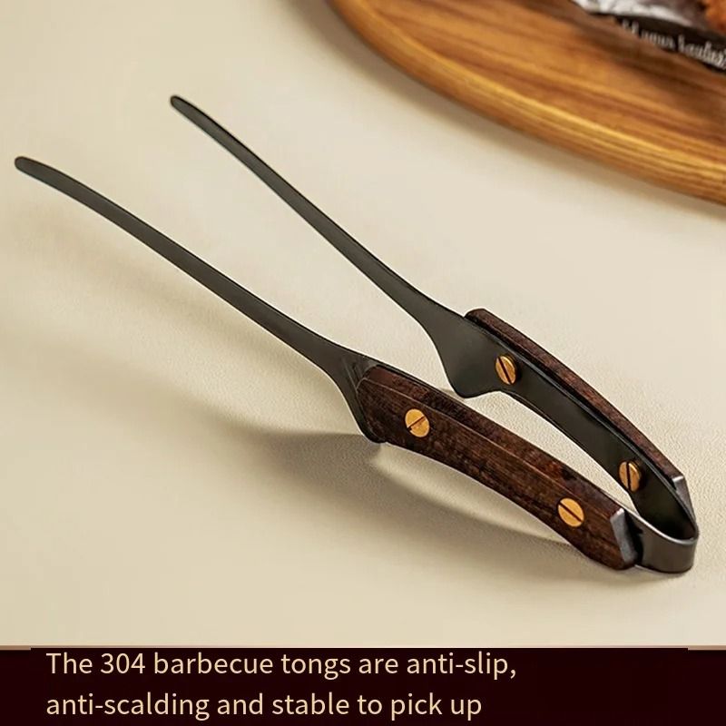 Stainless Steel BBQ Tongs With Wooden Handle 0
