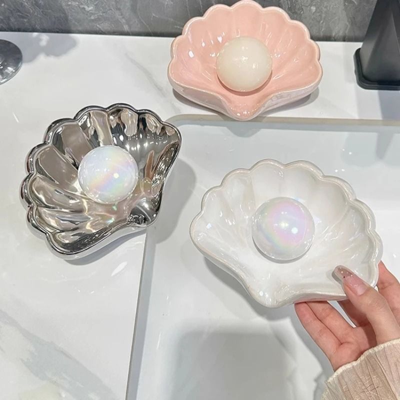 Shell Shape Ceramic Drain Soap Dish Holder 0