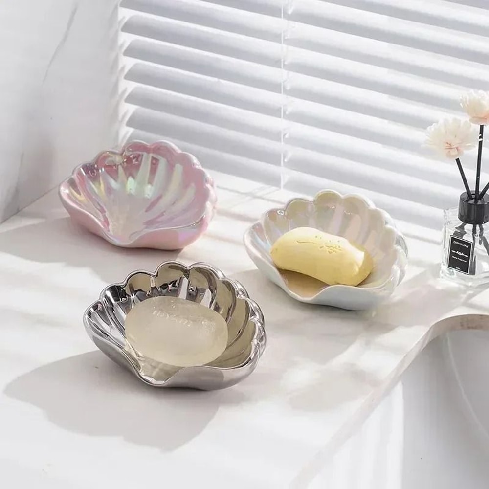 Shell Shape Ceramic Drain Soap Dish Holder 4