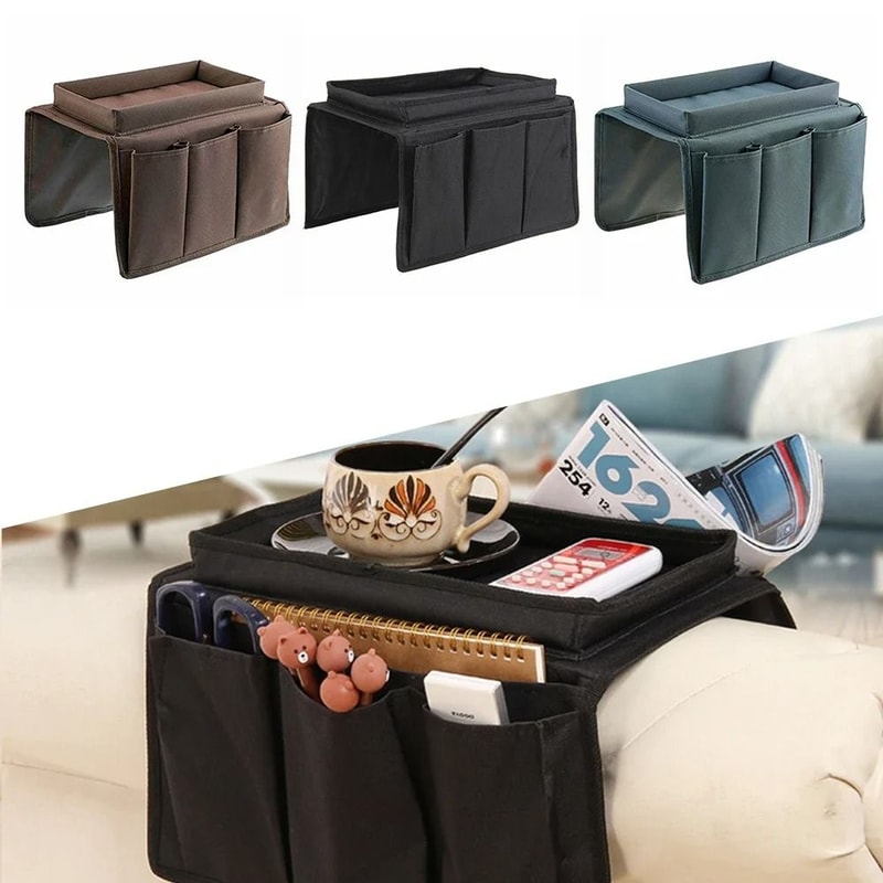 Sofa Armrest Storage Organizer Tray With Hanging Pockets 0