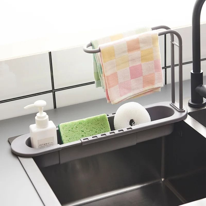 Telescopic Sink Drain Rack With Hooks And Soap Storage 1