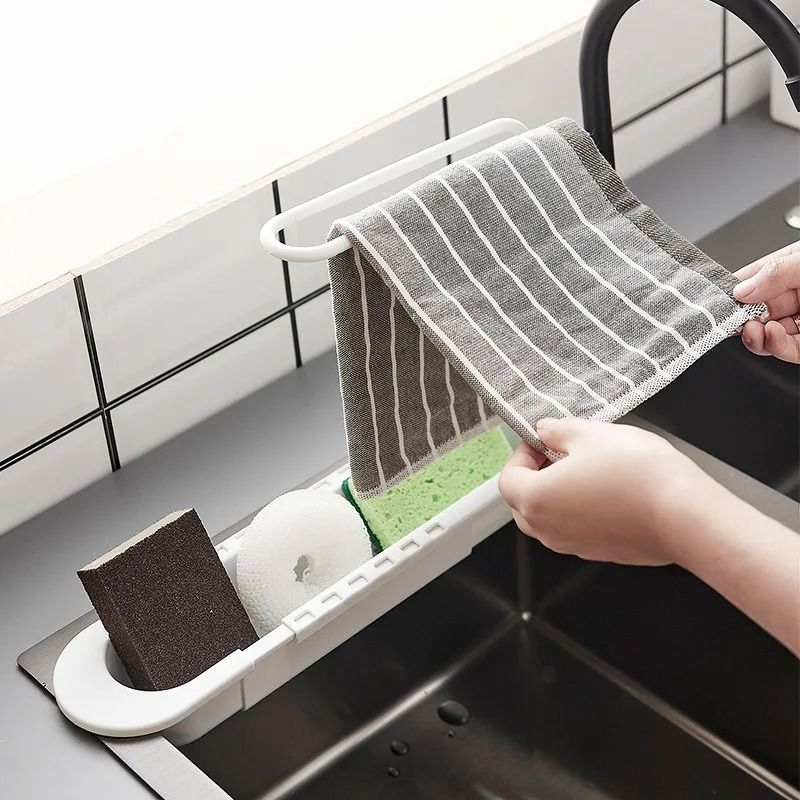 Telescopic Sink Drain Rack With Hooks And Soap Storage 2