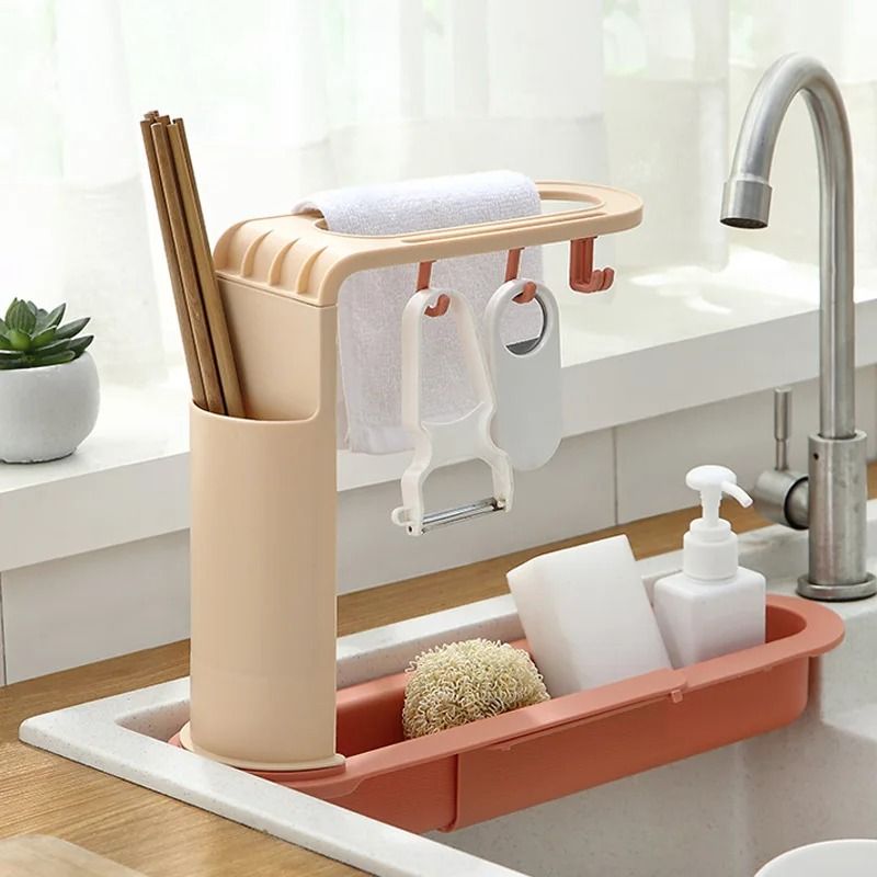 Telescopic Sink Drain Rack With Hooks And Soap Storage 3