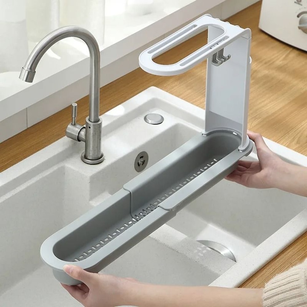 Telescopic Sink Drain Rack With Hooks And Soap Storage 4