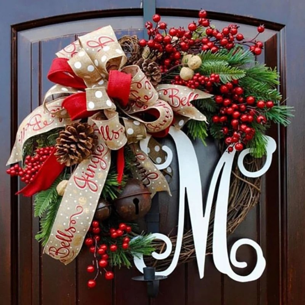 Christmas Letter Wreath With Red Berry Accents For Door Decor 0
