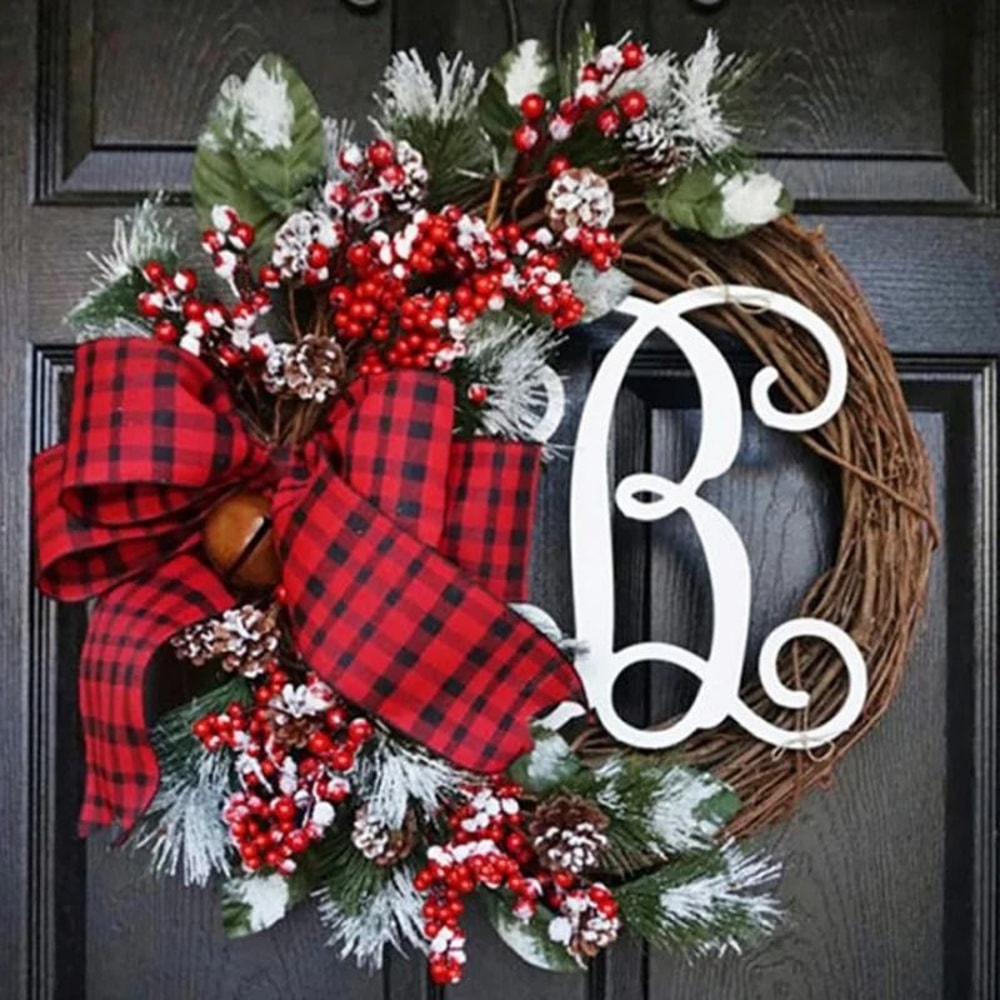 Christmas Letter Wreath With Red Berry Accents For Door Decor 1