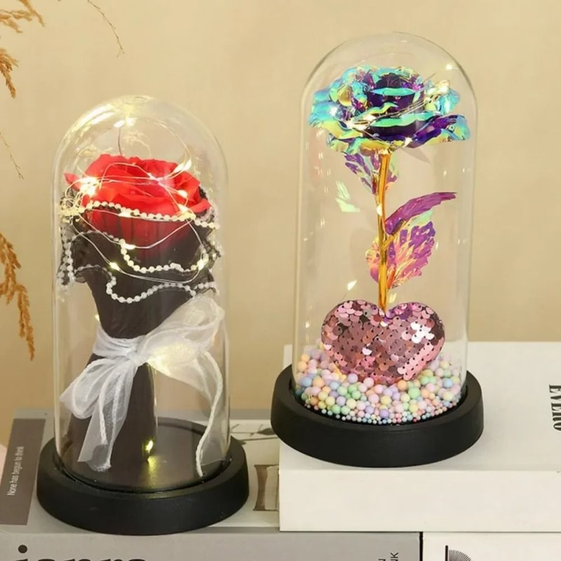 LED Eternal Rose Glass Dome With Gold Foil Flower 1
