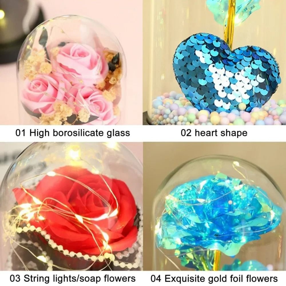LED Eternal Rose Glass Dome With Gold Foil Flower 5