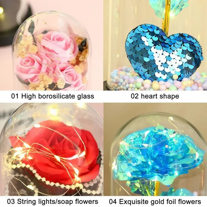 LED Eternal Rose Glass Dome With Gold Foil Flower 5