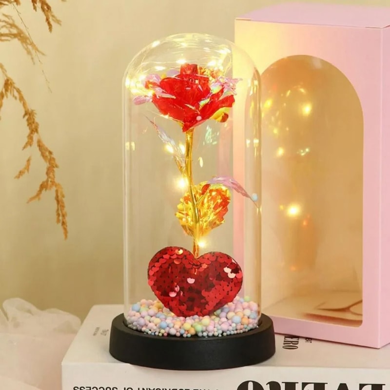 LED Eternal Rose Glass Dome With Gold Foil Flower 6