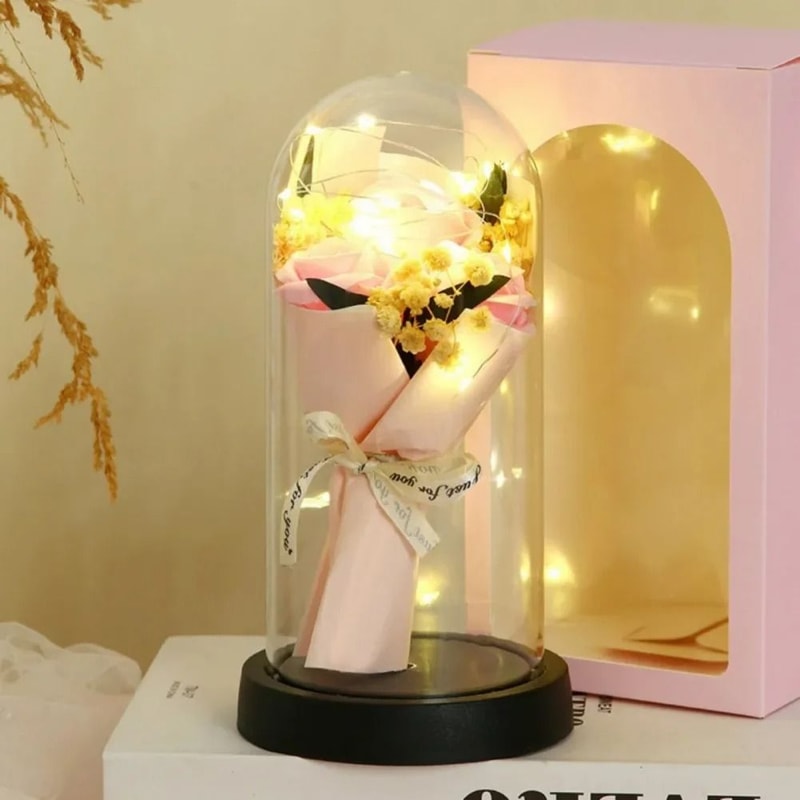 LED Eternal Rose Glass Dome With Gold Foil Flower 10