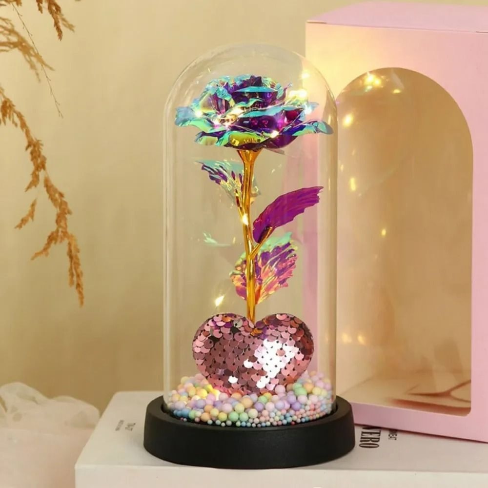 LED Eternal Rose Glass Dome With Gold Foil Flower 12
