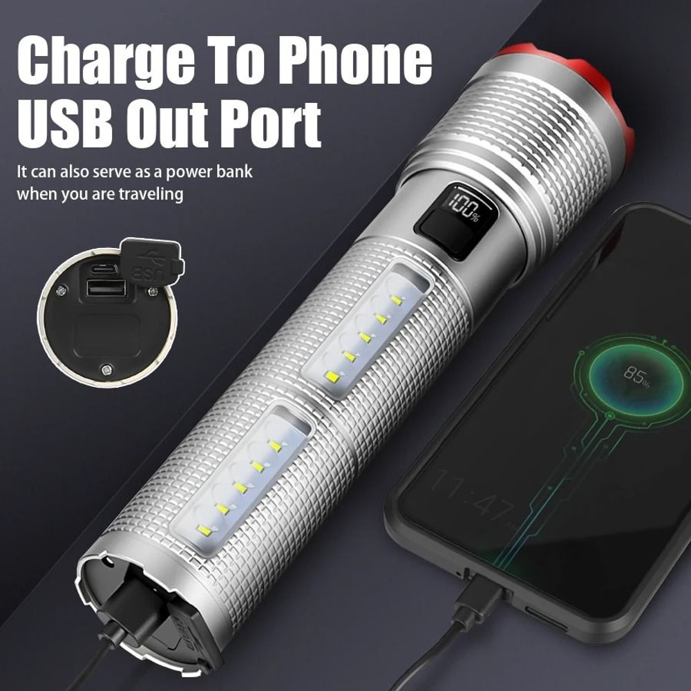 Powerful Rechargeable Tactical LED Flashlight With Zoom And Power Bank 3