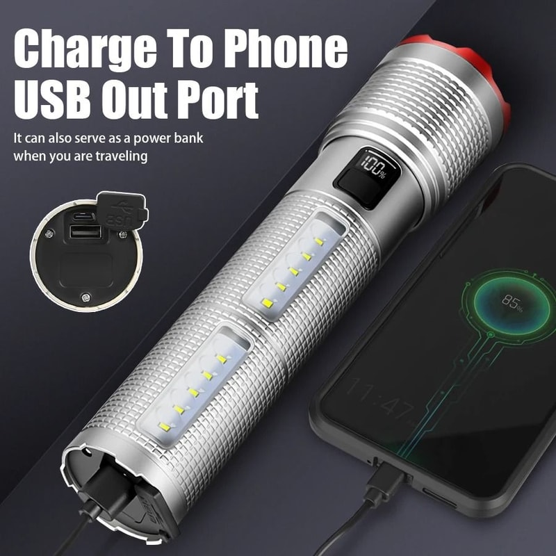 Powerful Rechargeable Tactical LED Flashlight With Zoom And Power Bank 3