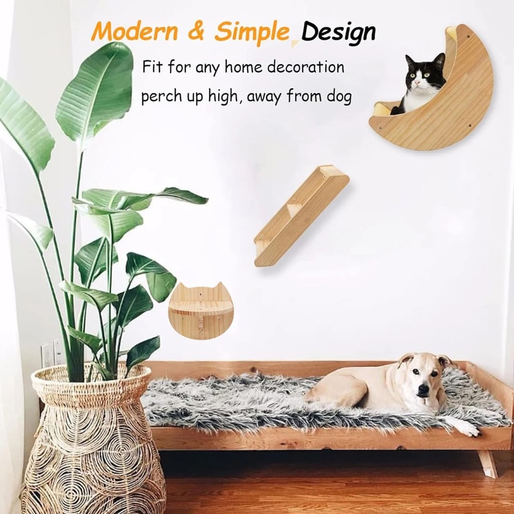 Moon Shaped Cat Wall Shelf And Climbing Steps Set 2