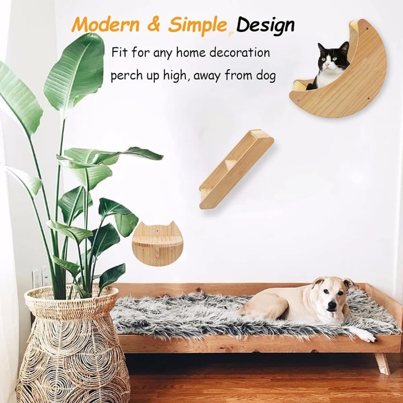 Moon Shaped Cat Wall Shelf And Climbing Steps Set 2