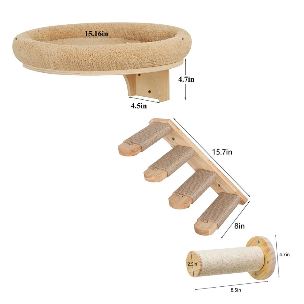 Wall Mounted Wooden Cat Climbing Ladder And Hammock With Scratching Post 11