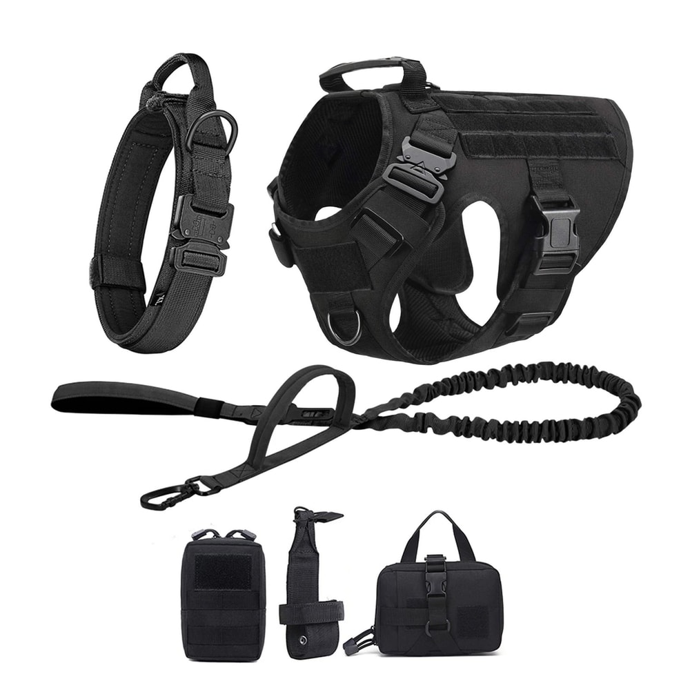 Tactical Dog Harness Set With Adjustable Collar Leash Molle Pouch And Training Vest 11