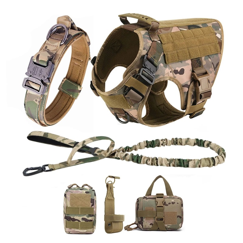 Tactical Dog Harness Set With Adjustable Collar Leash Molle Pouch And Training Vest 13