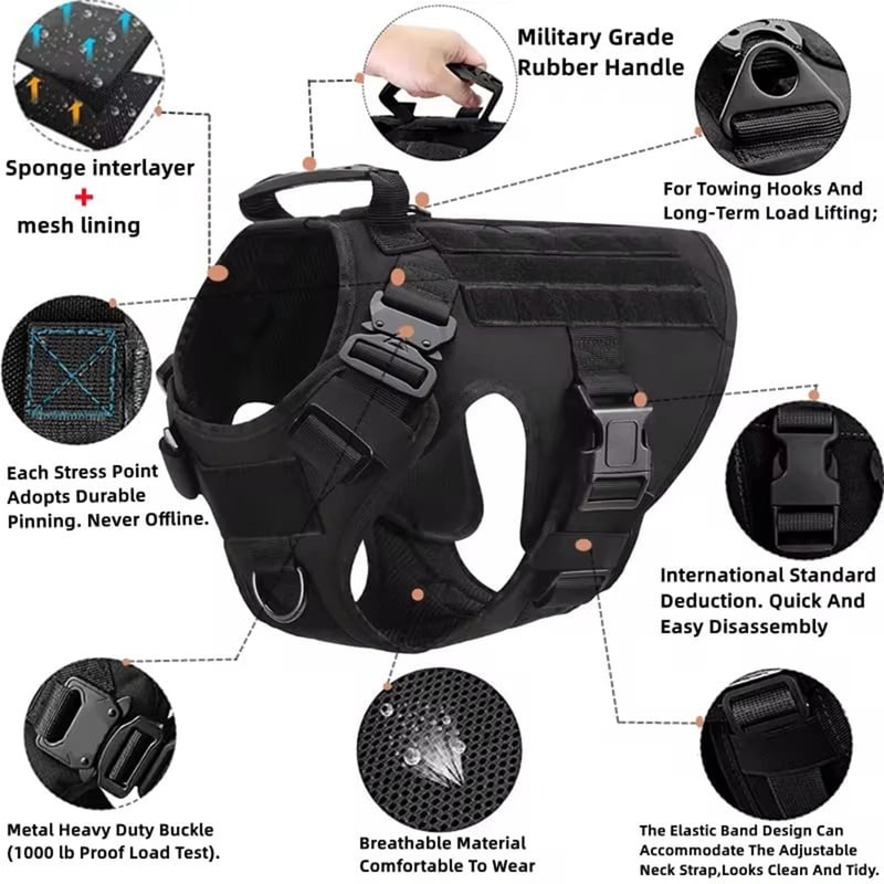 Tactical Dog Harness Set With Adjustable Collar Leash Molle Pouch And Training Vest 2