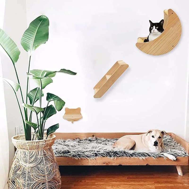 Cat Wall Climbing Shelves Set With Moon Perch Steps Ladder And Hammock Bed 4
