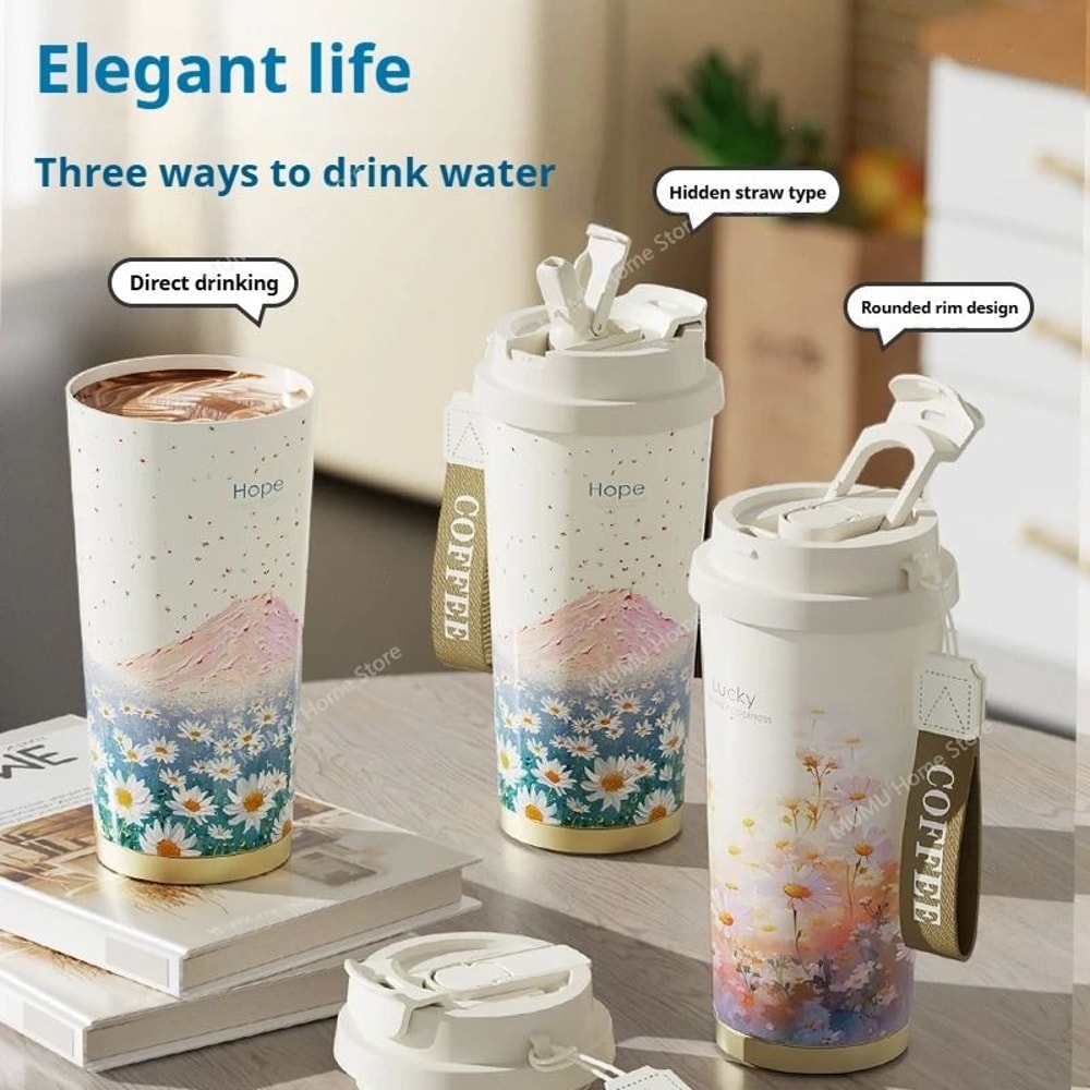 Stainless Steel Vacuum Insulated Travel Tumbler With Floral Pattern For Hot And Cold Drinks 2