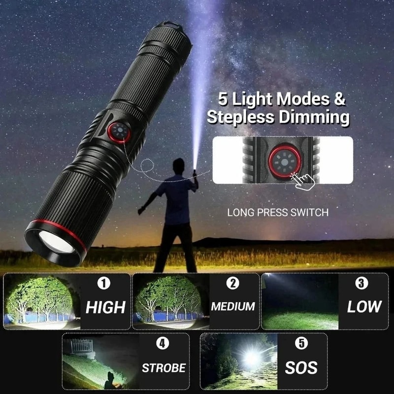 30W High Bright Rechargeable Zoom Flashlight With Type C Charging And 6 Light Modes 5