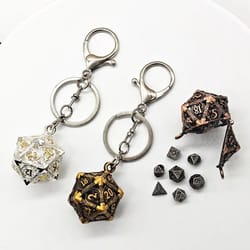 mini metal dragon skeleton dice keychain set with polyhedral dice pendant