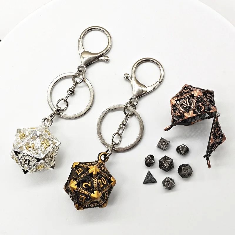 Mini Metal Dragon Skeleton Dice Keychain Set With Polyhedral Dice Pendant 0