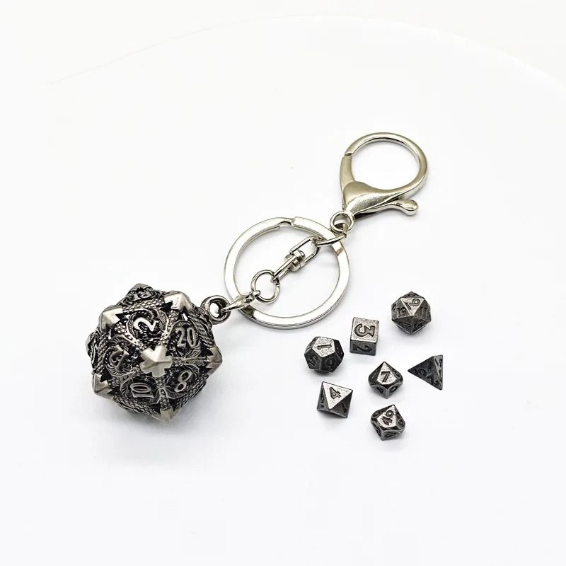 Mini Metal Dragon Skeleton Dice Keychain Set With Polyhedral Dice Pendant 2