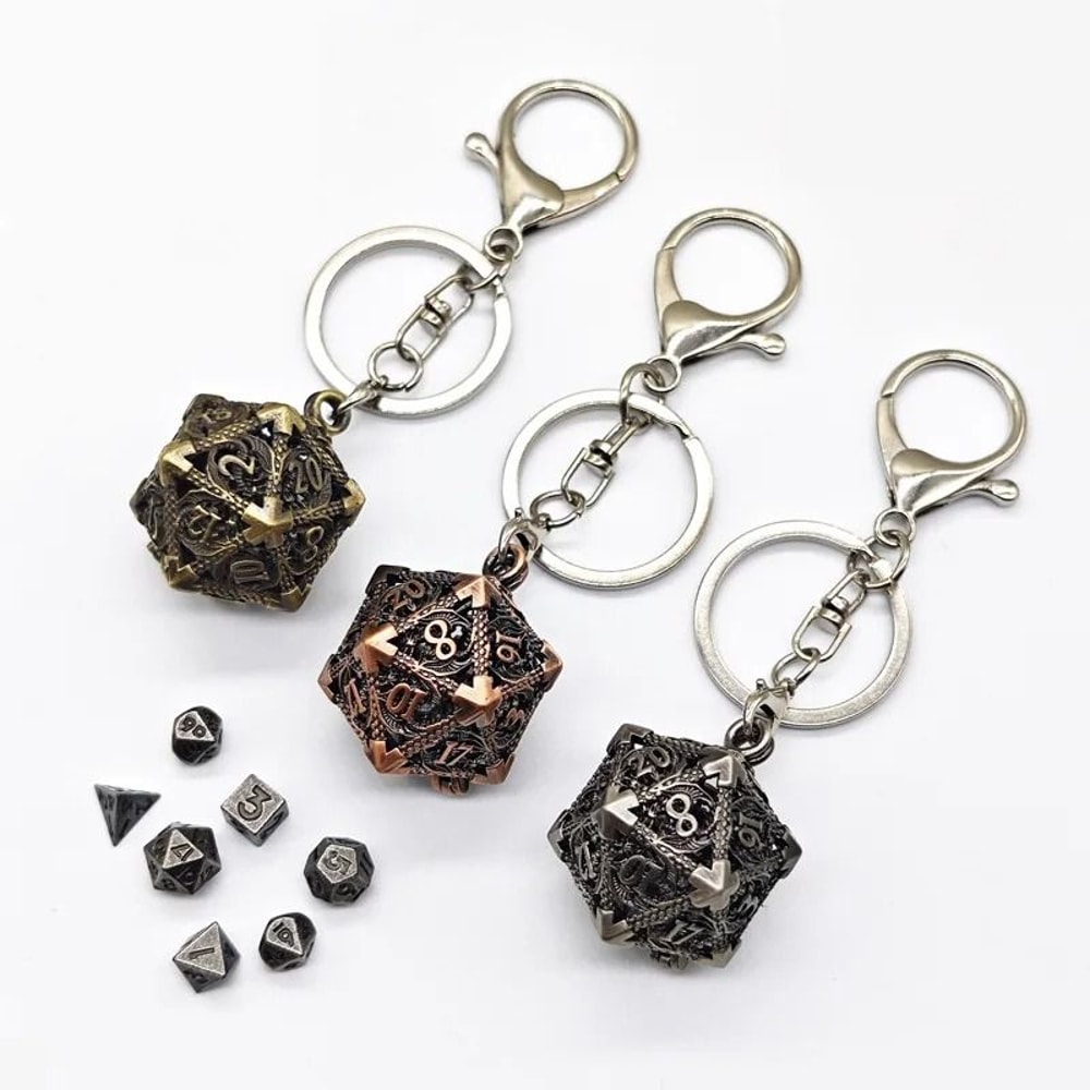 Mini Metal Dragon Skeleton Dice Keychain Set With Polyhedral Dice Pendant 5