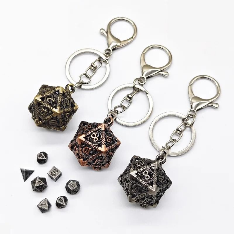Mini Metal Dragon Skeleton Dice Keychain Set With Polyhedral Dice Pendant 5