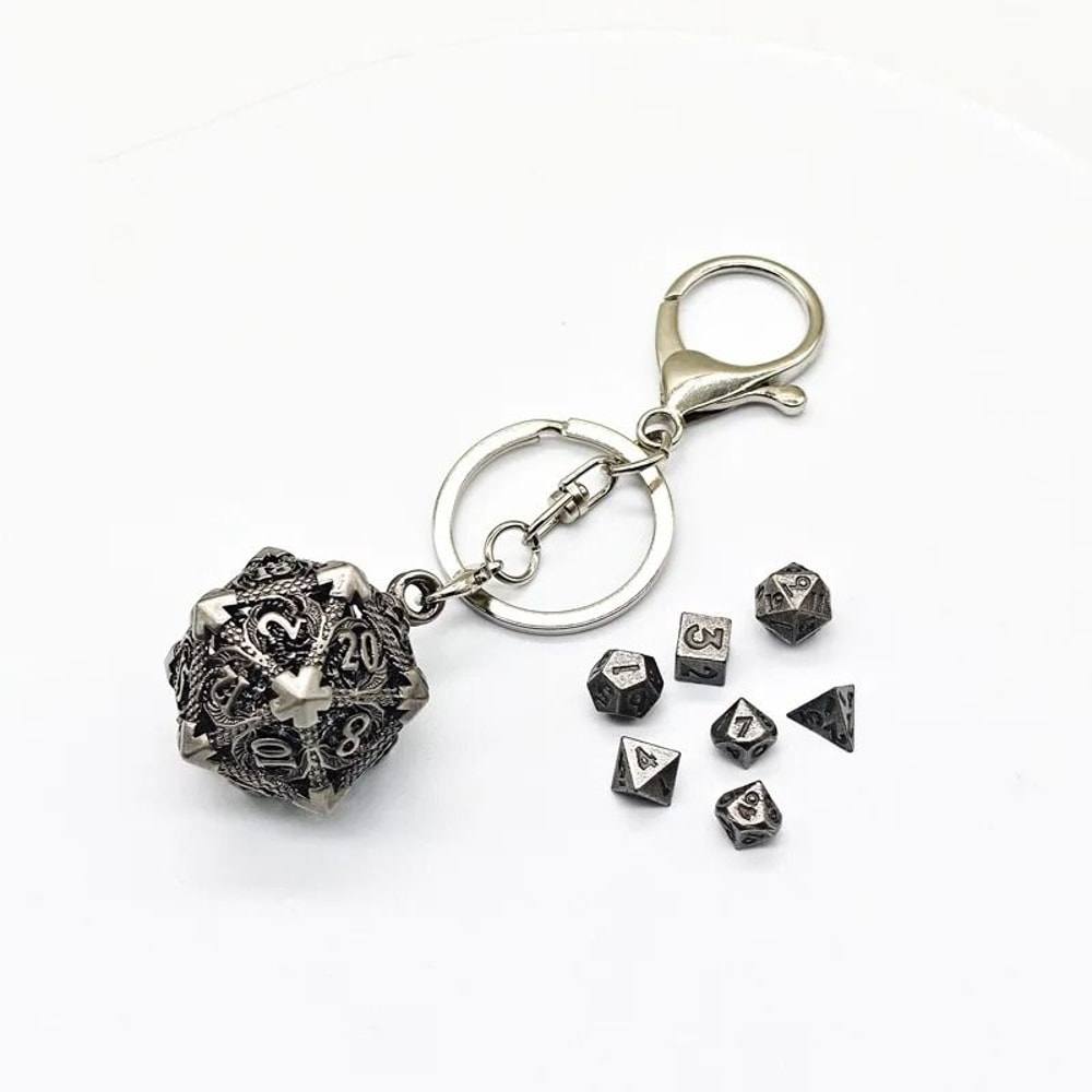 Mini Metal Dragon Skeleton Dice Keychain Set With Polyhedral Dice Pendant 6