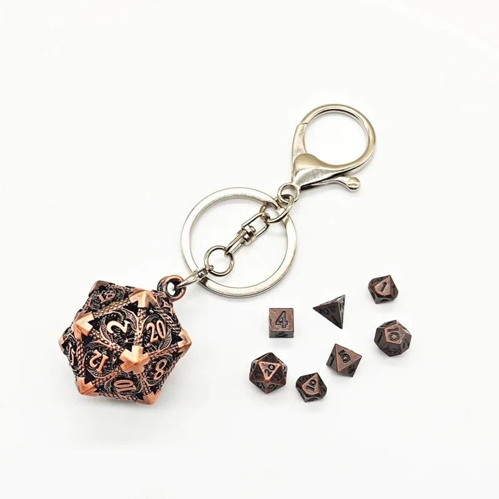 Mini Metal Dragon Skeleton Dice Keychain Set With Polyhedral Dice Pendant 7