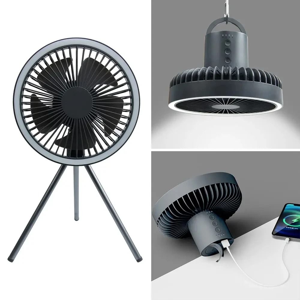 10000mAh Rechargeable Camping Fan With LED Light And Power Bank Tripod Design 0