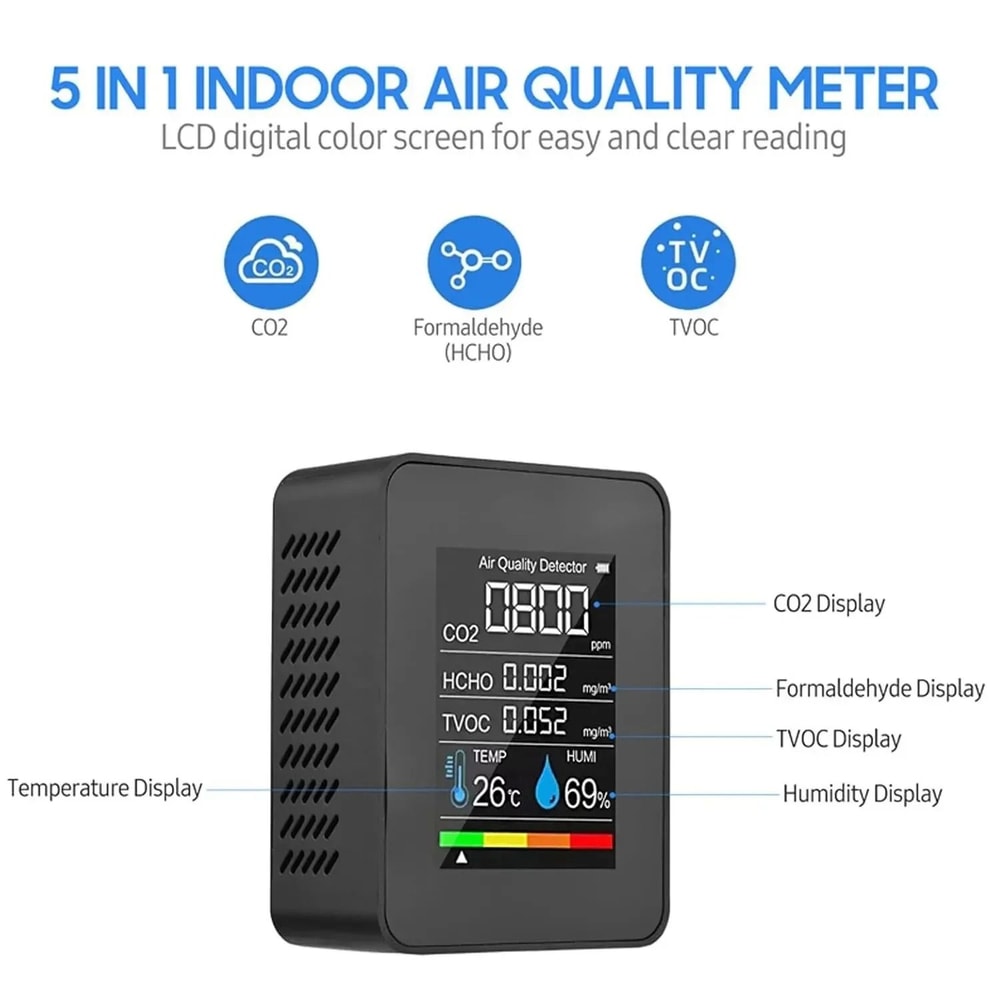 5 In 1 Air Quality Monitor CO2 TVOC HCHO Meter With Temperature And Humidity Display 1