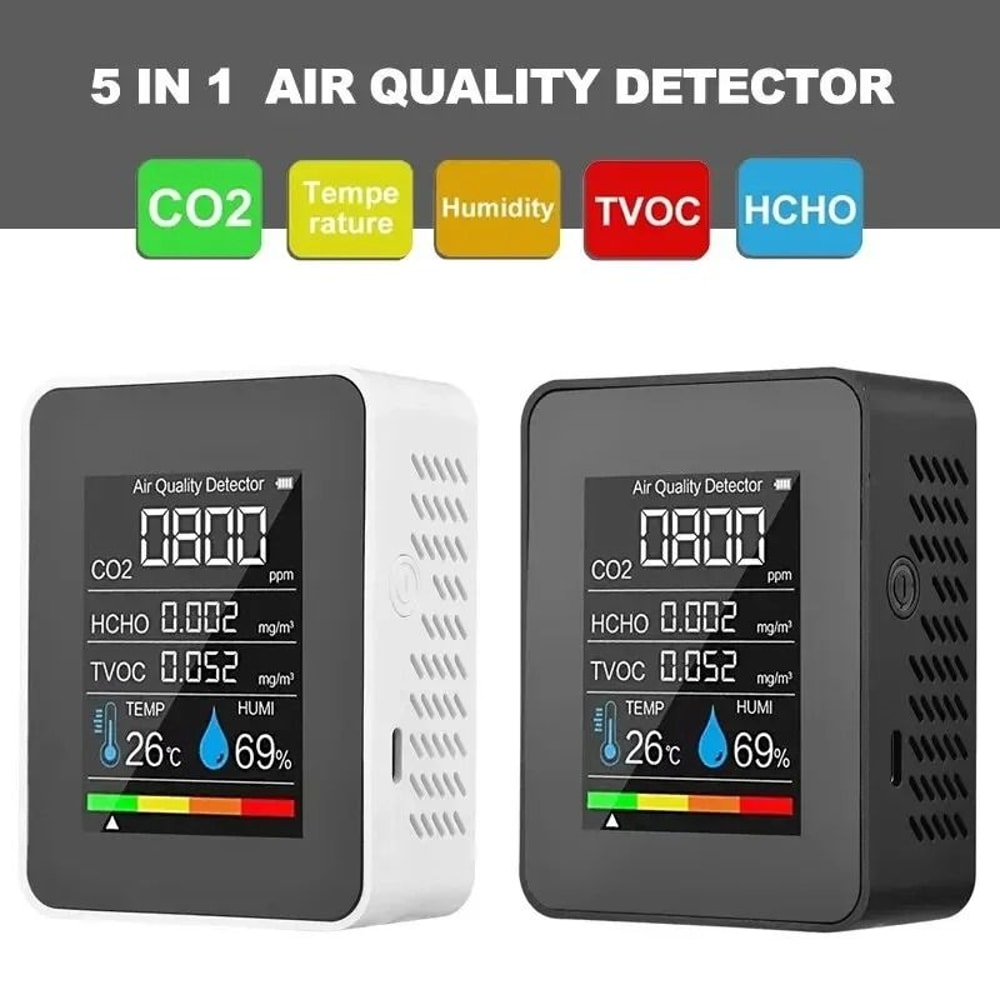 5 In 1 Air Quality Monitor CO2 TVOC HCHO Meter With Temperature And Humidity Display 0