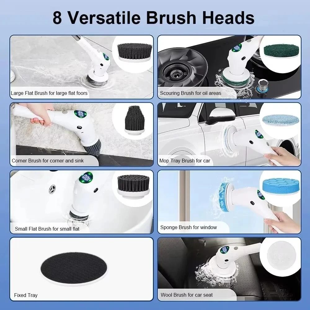 8in1 Electric Cleaning Brush With LED Display And Night Light Rotating Scrubber For Bathroom Kitche 1
