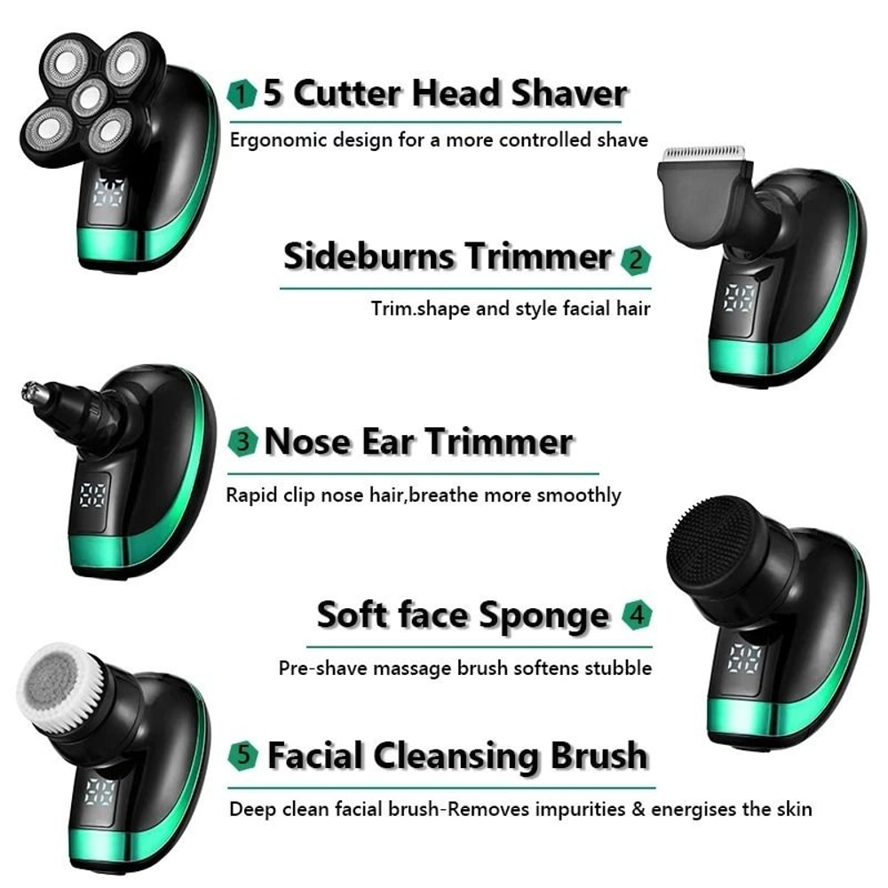 5 In 1 Rechargeable Bald Head Shaver With 5 Floating Heads And Grooming Attachments 4